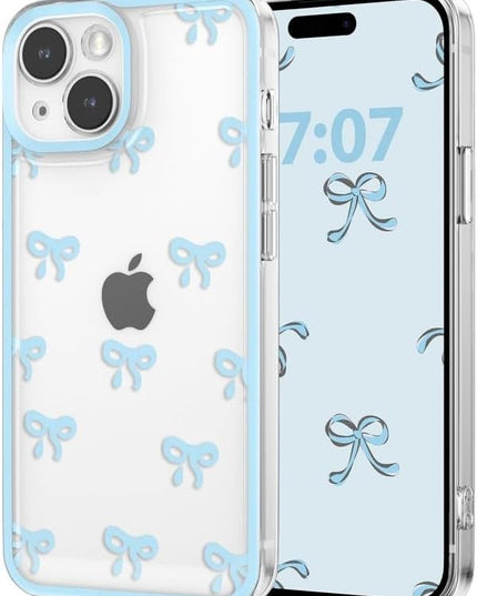 Designed for iPhone Case,Clear Cute Ribbon Bowknot Pattern Aesthetic Transparent Phone Case Raised Camera Protection Stylish Slim Soft Phone Case (Blue,iPhone 13 Pro)