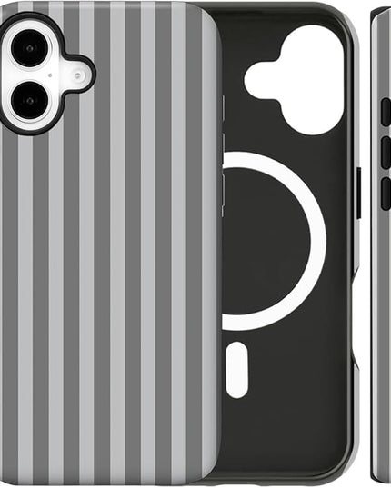 Magnetic for iPhone 16 Case Cute Stripes Phone Case, Shockproof Slim TPU and Hard PC Protective Phone Cover Compatible with MagSafe Designed for Women Girls, Gray