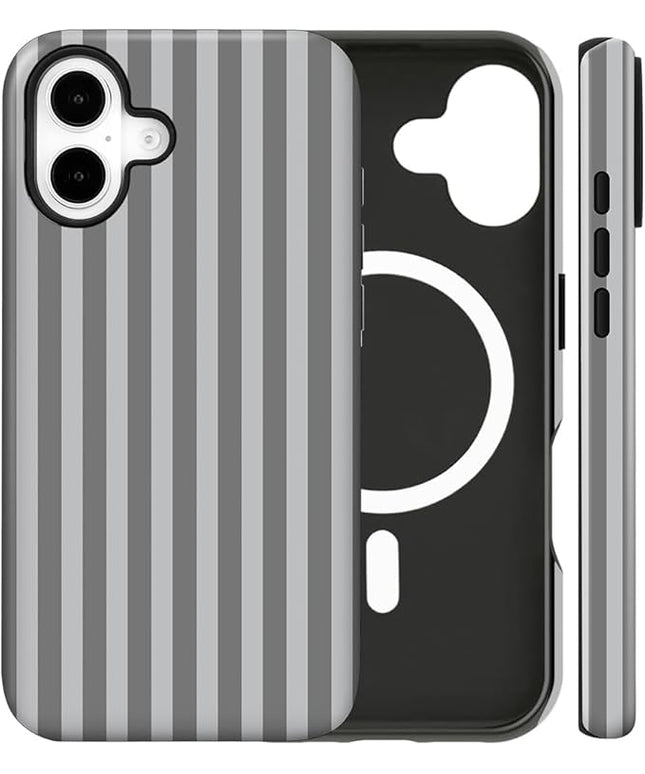 Magnetic for iPhone 16 Case Cute Stripes Phone Case, Shockproof Slim TPU and Hard PC Protective Phone Cover Compatible with MagSafe Designed for Women Girls, Gray