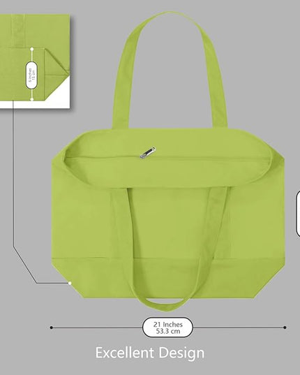 TOPDesign 3-Pack Canvas Tote Bags with an External Pocket, Reusable Grocery Shopping Bags, Top Zipper Closure, Daily Essentials (Light Green)
