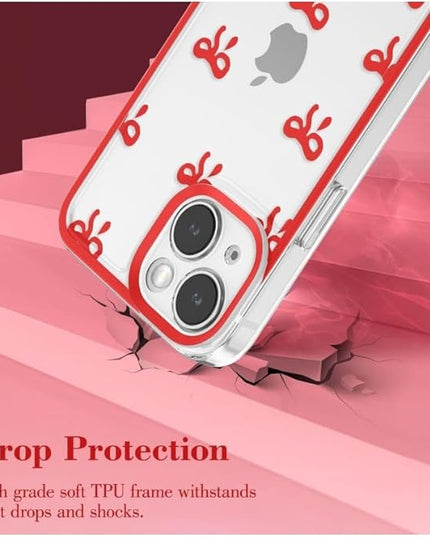 Designed for iPhone Case,Clear Cute Ribbon Bowknot Pattern Aesthetic Transparent Phone Case Raised Camera Protection Stylish Slim Soft Phone Case (Red,iPhone 15 Plus)