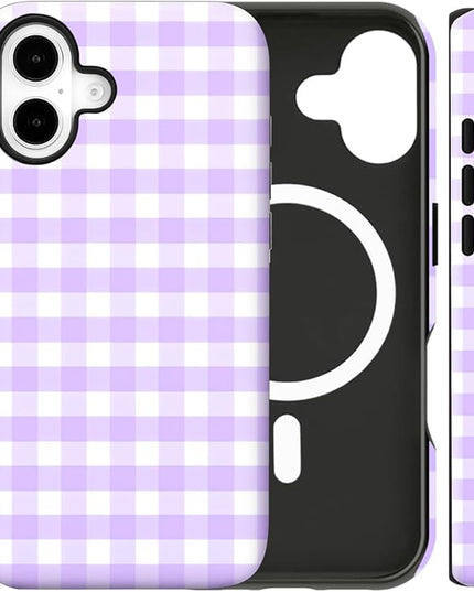 Magnetic for iPhone 16 Case Cute Checkered Stripes Phone Case for Women Girls, Shockproof Slim TPU and Hard PC Protective Phone Cover Compatible with MagSafe Designed, Purple