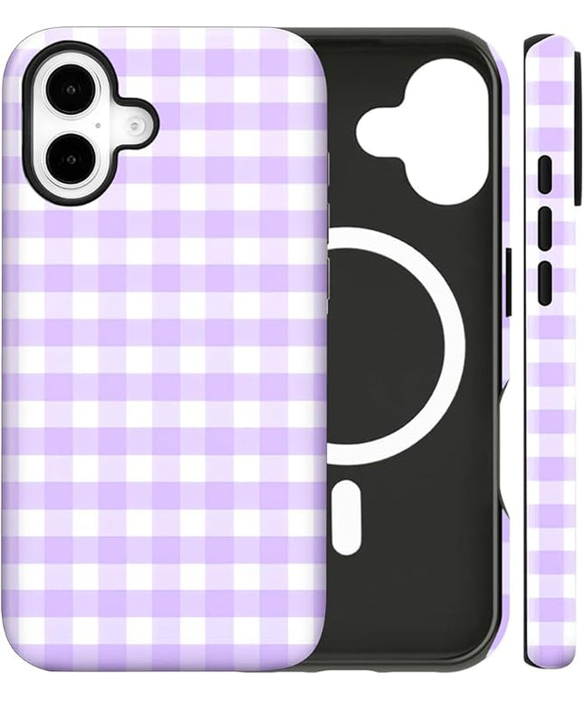 Magnetic for iPhone 16 Case Cute Checkered Stripes Phone Case for Women Girls, Shockproof Slim TPU and Hard PC Protective Phone Cover Compatible with MagSafe Designed, Purple