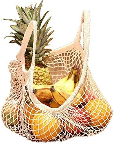 3 pack Reusable Grocery Bags Cotton Net Shopping Tote Ecology Market String Bag Mesh Beach Bags Produce Vegetable Bags (Beige)