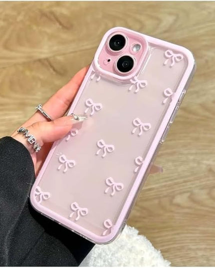 Designed for iPhone Case,Clear Cute Ribbon Bowknot Pattern Aesthetic Transparent Phone Case Raised Camera Protection Stylish Slim Soft Phone Case (Pink,iPhone 12)