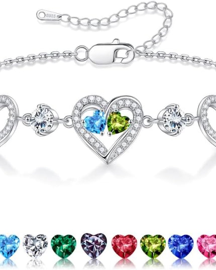 Iefil Valentines Day Gifts for Her - 925 Sterling Silver Heart Birthstone Bracelet Birthday Anniversary Jewelry Gifts for Her Wife