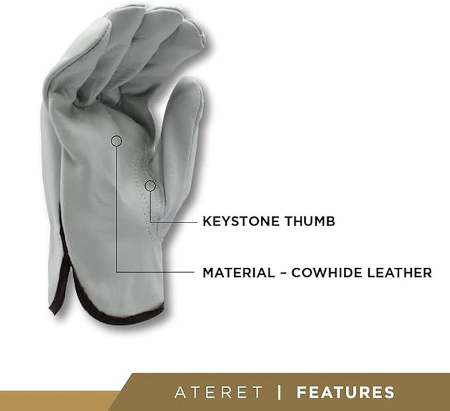 ATERET 24 Pairs X-Large Heavy Duty Durable Cowhide Leather Work Gloves I Driver Gloves for Truck Driving, Warehouse, Gardening, Farming