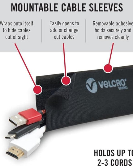 VELCRO Brand Complete Desk Cable Management Kit | 8in Mountable Cable Sleeve 2pk + 150pk Reusable Cable Ties + Desk & Nightstand Cord Organizer | Black, Damage-Free Mounting