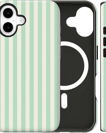 Magnetic for iPhone 17 Case Cute Stripes Phone Case, Shockproof Slim TPU and Hard PC Protective Phone Cover Compatible with MagSafe Designed for Women Girls, Light Green