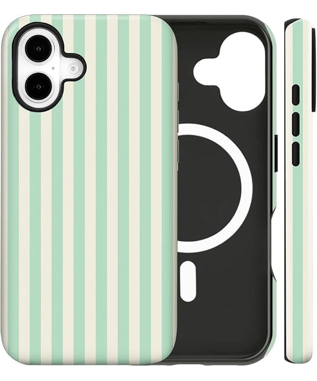 Magnetic for iPhone 17 Case Cute Stripes Phone Case, Shockproof Slim TPU and Hard PC Protective Phone Cover Compatible with MagSafe Designed for Women Girls, Light Green