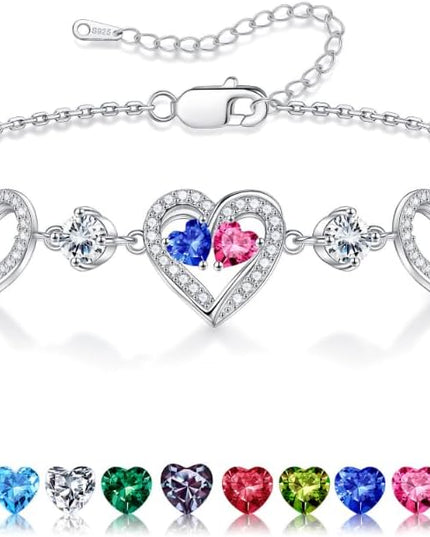 Iefil Valentines Day Gifts for Her - 925 Sterling Silver Heart Birthstone Bracelet Birthday Anniversary Jewelry Gifts for Her Wife