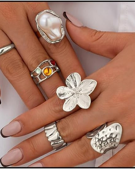 Chunky Rings for Women Adjustable Thick Rings Set Trendy Statement Stackable Ring for Women Chunky Jewlery Irregular Dome Flower Finger Knkuckle Thumb Ring