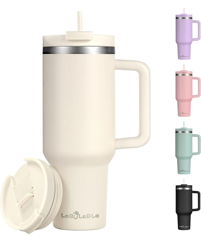 40oz Tumbler with Handle,Double Wall Vacuum Reusable Stainless Steel Insulated Water Bottle,With Leak Proof lid and Straw for Iced or Cold Beverages (Beige)