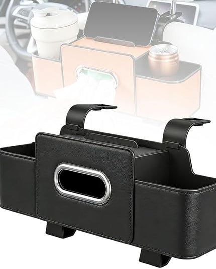 Multifunctional Car Seat Back Storage Box, 2026 New Seat Back Bag, Car Seat Tissue Box and Storage Box with 2 Cup Holders, Universal Back Seat Car Organizer for Organizer (Black)