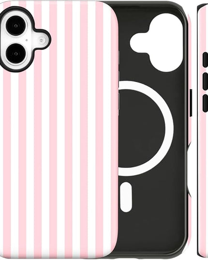 Magnetic for iPhone 17 Case Cute Stripes Phone Case, Shockproof Slim TPU and Hard PC Protective Phone Cover Compatible with MagSafe Designed for Women Girls, Pink and White