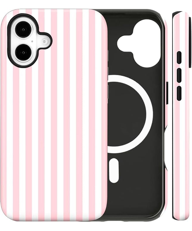 Magnetic for iPhone 16 Plus Case Cute Stripes Phone Case, Shockproof Slim TPU and Hard PC Protective Phone Cover Compatible with MagSafe Designed for Women Girls, Pink and White