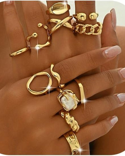 Chunky 14K Gold Plated Stackable Rings Set for Women,Vintage Knuckle Rings Dainty Hollow Carved Joint Finger Midi Rings Pack Adjustable Signet Mixed Size