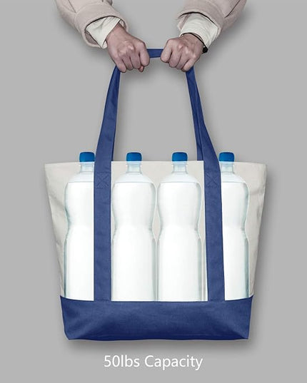 TOPDesign 3-Pack Canvas Tote Bags with an External Pocket, Reusable Grocery Shopping Bags, Top Zipper Closure, Daily Essentials (Blue/Natural)