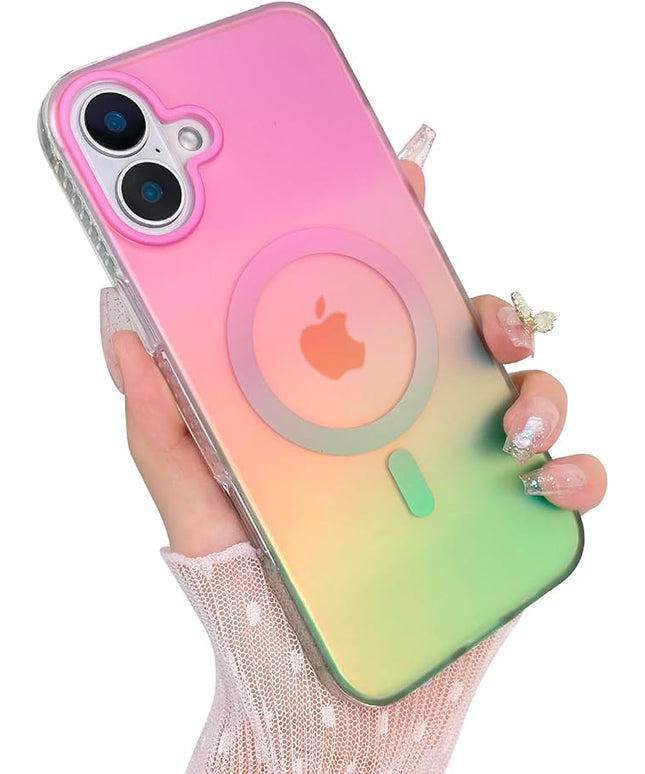 Aesthetic Case for iPhone 16 Case for Women Girls, Compatible with Magsafe, Cute Girly Trendy Glitter Sparkly Rainbow Magnetic Protective Phone Cover, Matte Iridescent Pink & Green