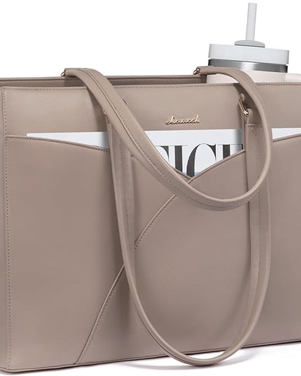 LOVEVOOK Laptop Bag for Women,15.6 Inch Work Teacher Bags Leather Tote Bag Briefcase Waterproof Computer Bag for Women,Nude
