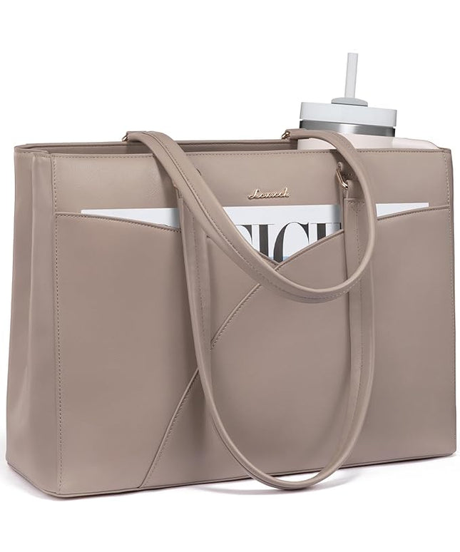 LOVEVOOK Laptop Bag for Women,15.6 Inch Work Teacher Bags Leather Tote Bag Briefcase Waterproof Computer Bag for Women,Nude