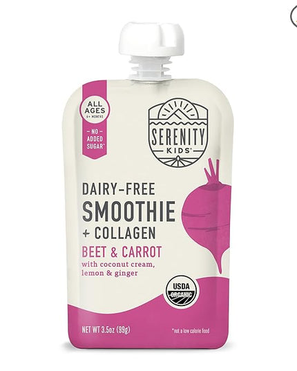 Serenity Kids 6+ Months Baby Food Pouch - Beet & Carrot Grass-Fed Collagen Protein - USDA Organic Dairy Free - No Added Sweeteners Baby Snacks - 3.5 Oz, 6 Pack