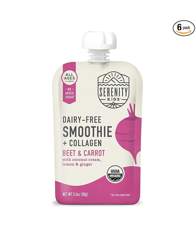 Serenity Kids 6+ Months Baby Food Pouch - Beet & Carrot Grass-Fed Collagen Protein - USDA Organic Dairy Free - No Added Sweeteners Baby Snacks - 3.5 Oz, 6 Pack