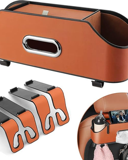 Car Seat Back Organizer - Stylish & Functional Storage for Family Adventures - Cup Holders, Tissue Box & Hooks - Perfect for Kids, Road Trips & Travel (Orange)