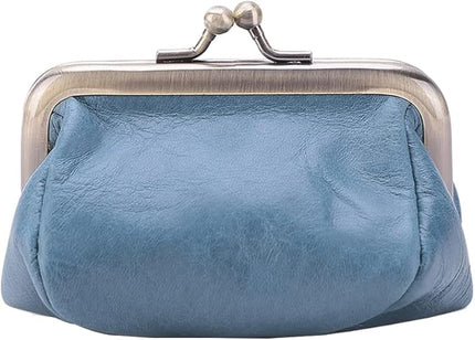 Plinvo Mini Genuine Leather Coin Purse for Women Vintage Kiss Lock Change Organizer Blue (Blue)