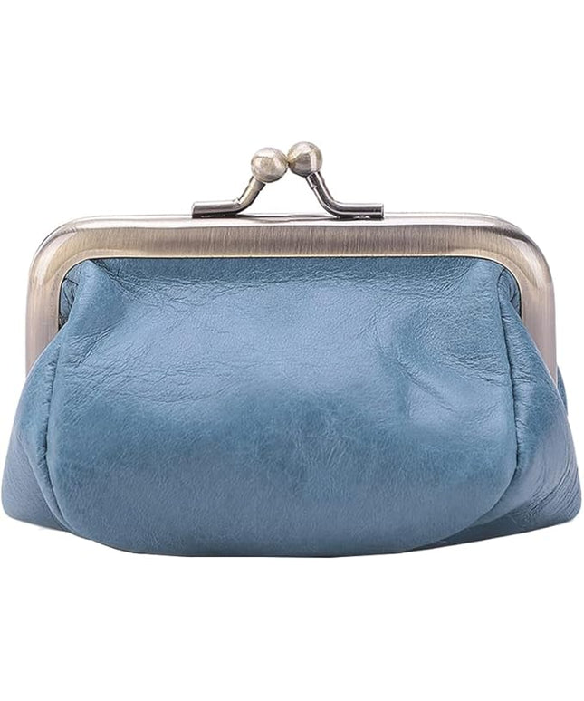 Plinvo Mini Genuine Leather Coin Purse for Women Vintage Kiss Lock Change Organizer Blue (Blue)