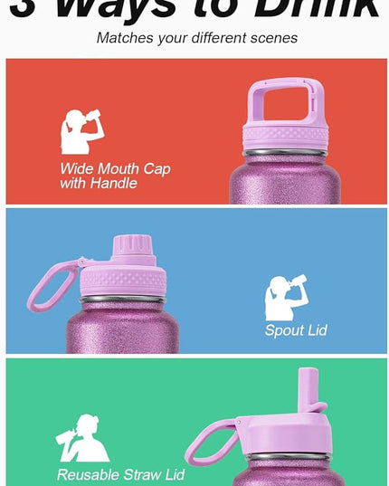 Coolflask Water Bottle 32 oz Insulated with Straw, Stainless Steel Metal 3 Lids Water Flask Wide Mouth for Sports or Office, Non-BPA Keep Cold Up to 48 Hrs or Hot Up to 24 Hrs, Glitter Pink