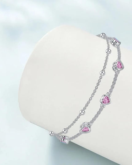 Dorunmo 925 Sterling Silver Heart Birthstone Anklet Bracelets for Women Best Mother's Day Birthday Jewelry for Wife Girlfriend Mom Daughter Her