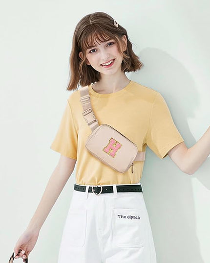 Gitus Belt Bag Fanny Pack Crossbody Bags with Initial Letter Patch Cute Stuff Birthday Gifts for Teenager Girls Trendy Preppy Stuff for Teen Girls(Beige-H)