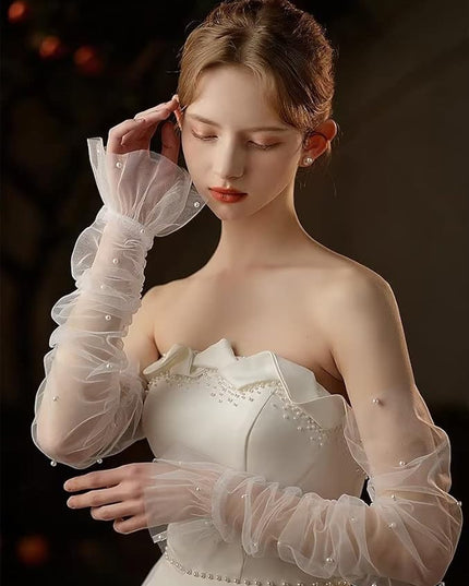 Women's Long Bridal Wedding Tulle Glove Mesh Fingerless Gloves Pearl 1920 Opera Tea Party Sheer Gloves