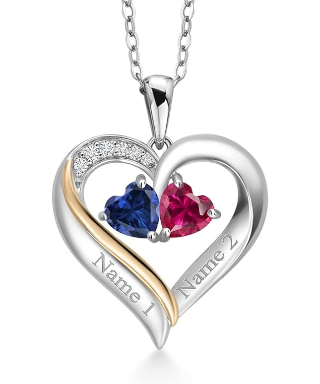 2-Heart Couple Name Engraved Pendant Necklace For Women | 925 Sterling Silver and 10K Yellow Gold | Customized and Personalized | Gemstone Birthstone and Lab Grown Diamond | 18 Inch Silver Chain