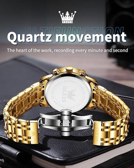 OLEVS Mens Watch Luxury Big Face Stainless Steel Analog Quartz Multifunctional Waterproof Luminous Date Two Tone Fashion Dress Wrist Watches for Man