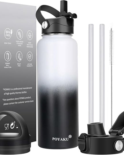 Water Bottle Insulated 32oz 40oz 64oz 128oz Straw Lid Spout Lid & 3 Lids, Leak Proof, Vacuum Insulated,Stainless Steel Water Bottle Wide Mouth for Sports, Gym or Office