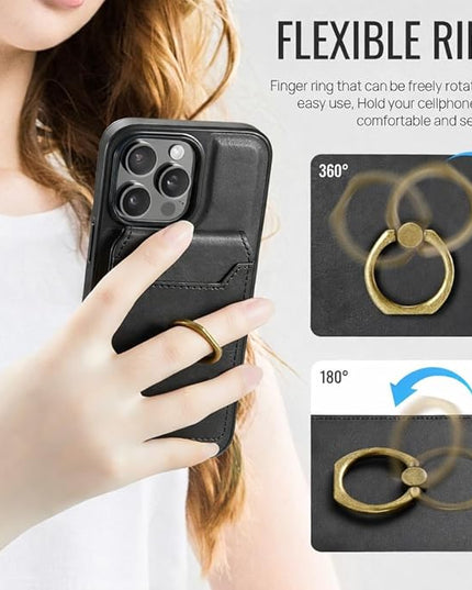 Mizi 3-in-1 Mag Safe Wallet with Stand & Ring Grip, Strong Magnetic Vegan Leather Card Holder, RFID Blocking, Holds 5 Cards, for iPhone 17/16/15/14/13/12 Series (Not for 13/12 Mini) - Black