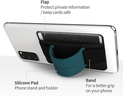 Sinjimoru Phone Grip Card Holder with Phone Stand, Secure Stick on Wallet for iPhone with Kickstand for Table. Sinji Pouch B-Grip Silicone Clementine