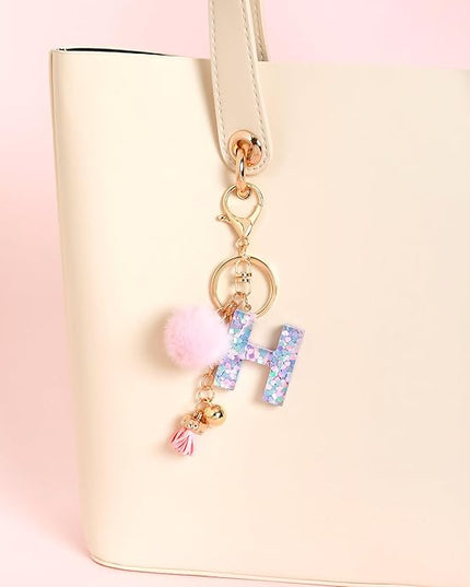 Resin Alphabet Initial Letter Keychain Keyring for Women Purse Handbags With Fur Ball Pom