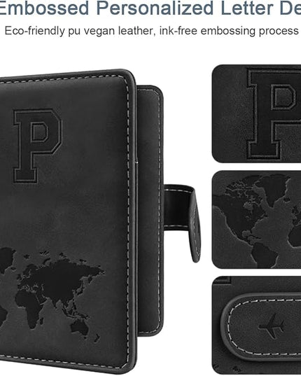 Passport Holder Cover Personalized Initial Letter A-Z Travel Wallet RFID Blocking Passport Cover Passport Book Holders for Women and Men, Black-P