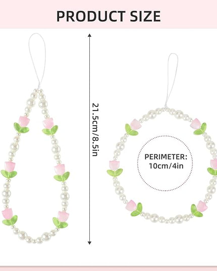 Beaded Phone Charms Cute Aesthetic Tulip Lanyard Strap Girl Wrist Chain, Phone Keychain Decoration for Wallet AirPods-Pink