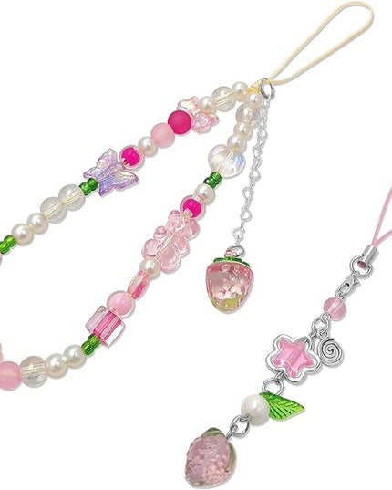 2 Pack Phone Charms, Cute Aesthetic Beaded PhoneCharm Strap Phone Lanyard String PhoneChain Accessories for Bag Keychain Airpods Camera Pendants