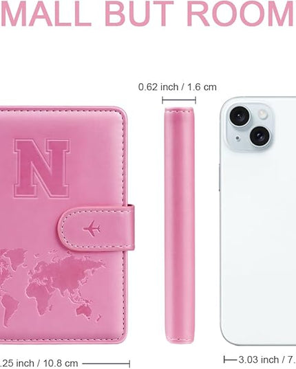 Passport Holder Cover Initail Letter A-Z Travel Wallet Embossed Design RFID Blocking Card Holder Personalized Gift Passport Cover Wallet, Passport Book Holders for Women and Girls, Pink-N