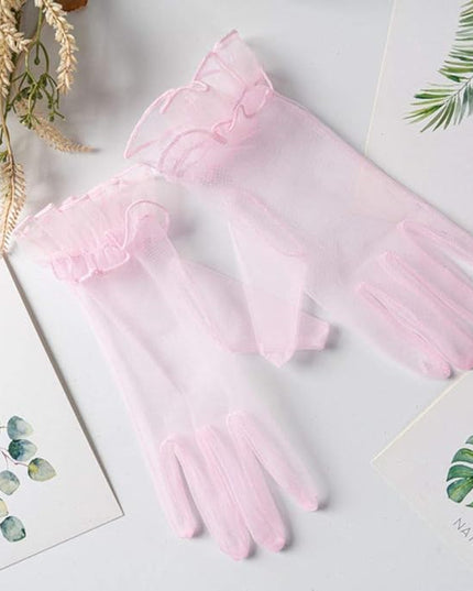 Women's Summer Tulle Gloves Pleated Ruffle Full Finger Wrist Length Opera Party Gloves