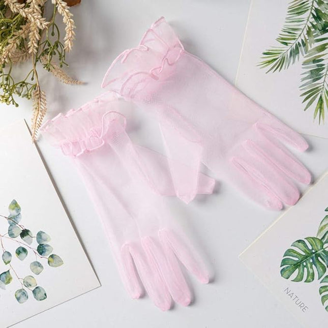 Women's Summer Tulle Gloves Pleated Ruffle Full Finger Wrist Length Opera Party Gloves
