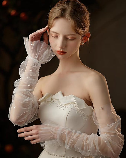 Women's Long Bridal Wedding Tulle Glove Mesh Fingerless Gloves Pearl 1920 Opera Tea Party Sheer Gloves