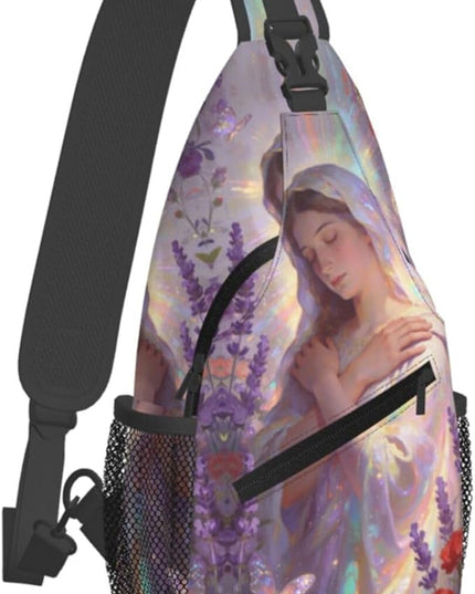 Our Lady of Guadalupe Sling Bag Crossbody Bags Clovers Chest Bag for Travel Hiking for Men Women Lavender Mary