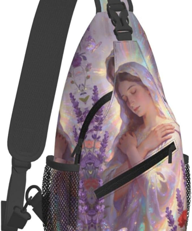 Our Lady of Guadalupe Sling Bag Crossbody Bags Clovers Chest Bag for Travel Hiking for Men Women Lavender Mary