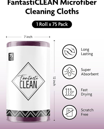 Fantasticlean Microfiber Cleaning Cloth Roll -75 Pack, Tear Away Microfiber Towels, 12" x 12", Reusable, Washable, Scratch Free, Ultra Absorbent for All-Around Cleaning Supplies (Dark Purple)